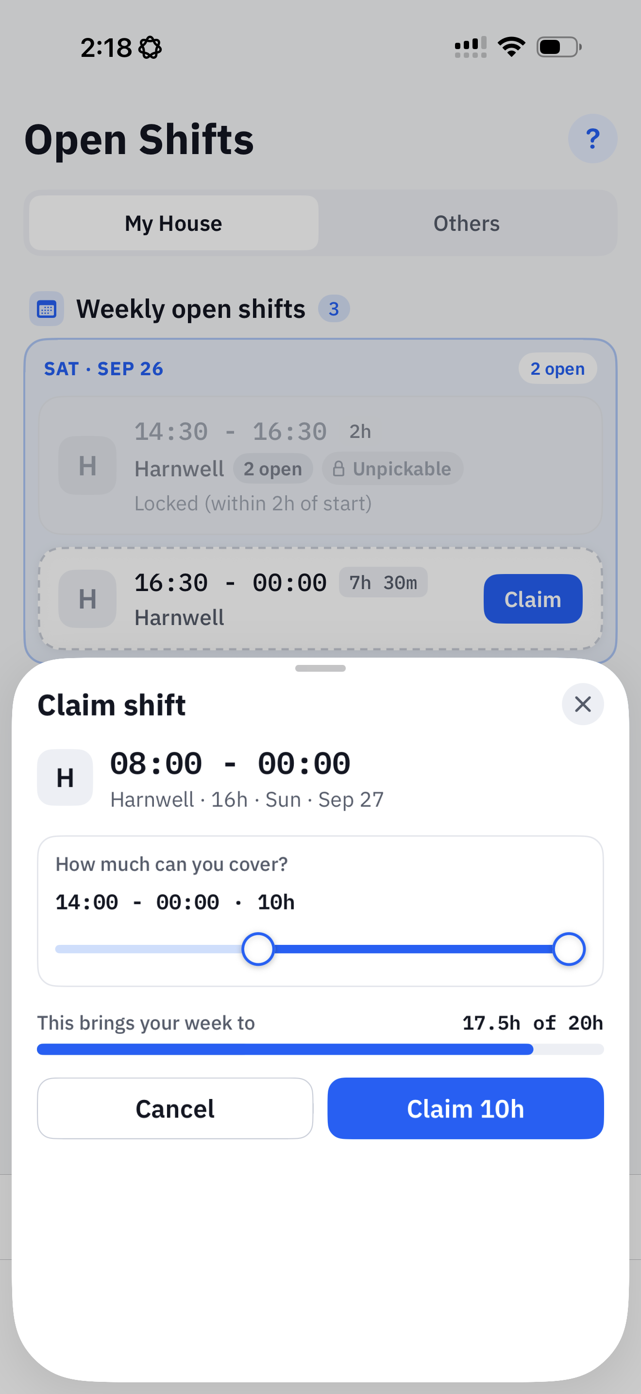 SHIFT mobile app showing an open shift claim workflow