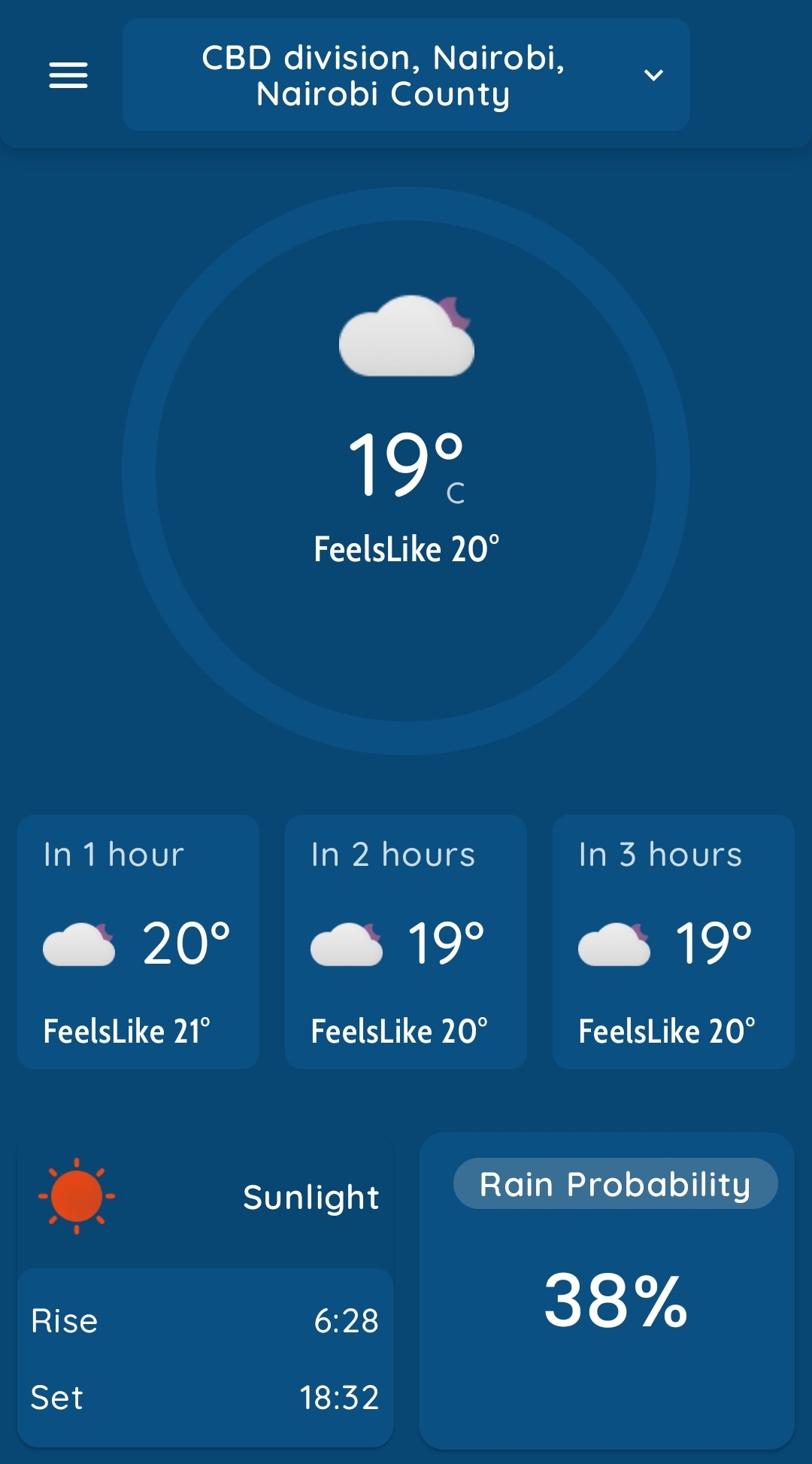 Sky Weather app showing the current forecast for Nairobi